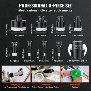 Set di 8 punte diamantate per trapano, diametri 6/8/10/25/35/38/50/65mm, kit sega a tazza diamantata per muratura e cemento, include punta a dita - Product Image 3