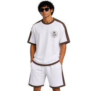 White Mens Oversized <b>T</b> <b>Shirt</b> And Shorts Set Brown Contrast Panels Custom Logo Crew Neck Casual Streetwear Wholesale Manufacturer - Product Image 1