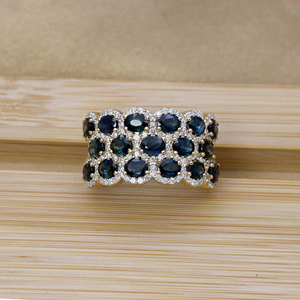 Bague en or jaune 14 carats avec saphir bleu naturel et grappe de diamants pour femme |   Bijoux fins de coupe ovale, vente en gros, OEM, ODM - Product Image 3
