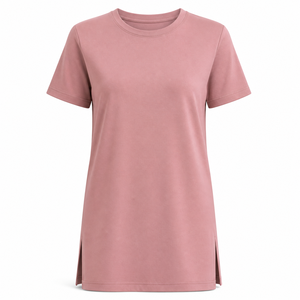 Camiseta de manga corta para mujer, color rosa polvoriento, cuello redondo, corte largo con abertura lateral, en tejido de algodón interlock, estilo casual. - Product Image 2