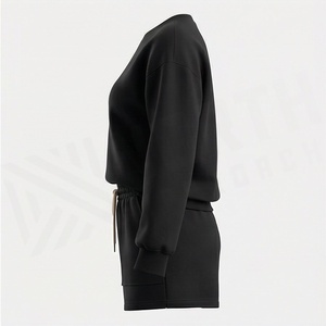 Women's 2 Piece Knitted Solid Black <b>Sweatshirt</b> and Shorts Set Crew Neck Loose Fit Above Knee Casual Wear Full Sleeve 100% Cotton - Product Image 3