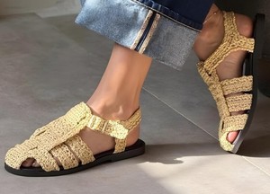 Beige Handwoven Raffia Gladiator Sandals | Crochet Barefoot Sandals | <b>Summer</b> <b>Flats</b> - Product Image 2
