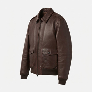Men's Genuine Leather Bomber <b>Jacket</b> Turn-down Collar Zipper Closure Solid Color Moto Biker Style Autumn Wear - Product Image 3