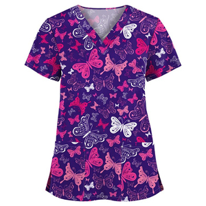 Blusa Médica con Estampado de Mariposas Personalizada - Uniforme de Enfermería con Cuello en V para Mujer - Ropa Sanitaria con Estampado por Sublimación de Alta Calidad - Product Image 5