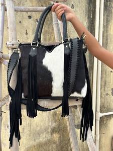 Best Selling Premium Genuine Cowhide Leather Tote Bag Hand Tooled Strap Hair-on Shoulder Handbag With Fringes For Women - Product Image 1