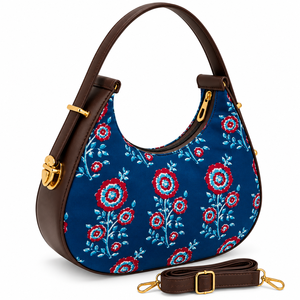 Sac Hobo Femme Imprimé Floral Bleu avec Bordure en Cuir Marron, Fermeture Éclair, Accastillage Doré, Bandoulière Réglable, Résistant à l'Eau - Product Image 1