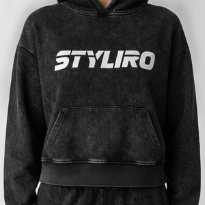 Sweat-shirt à capuche pour femme en mélange de coton, noir délavé, imprimé lettres, décontracté, pour l'automne - Product Image 4