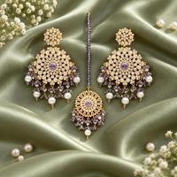 Ensemble de boucles d'oreilles et de maang tikka plaquées or avec pierres violettes et fausses perles, bijoux de mariée pakistanais, fabrication en gros