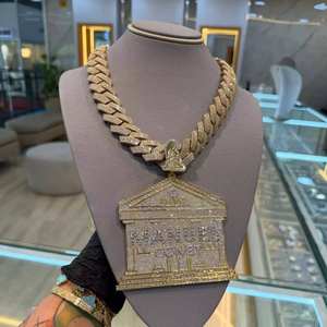 Collar con Colgante de Edificio Personalizado con Nombre, Cadena de Eslabones Cubanos Pesados, Joyería Hip Hop con Moissanita, Plata 925 Bañada en Oro Amarillo - Product Image 1