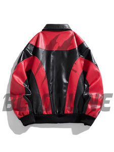 Men's PU <b>Leather</b> Bomber <b>Jacket</b> Color Blocking Turn-down Collar Zipper Closure Streetwear Autumn Wear - Product Image 3