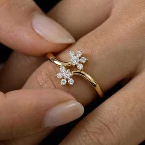 Anillo de lujo con diamantes cultivados en laboratorio, corte redondo, diseño floral, para mujer, oro sólido de 14K, regalo de boda para parejas - Product Image 1