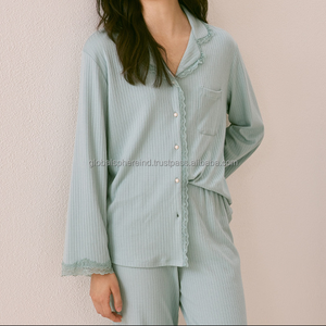 Usine personnalisé personnalisé dentelle pyjamas rayure côtes à manches longues ensemble doux vêtements de salon pyjamas tricot coton femmes vêtements de nuit - Product Image 4