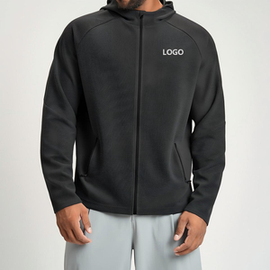 Sudadera con Capucha Negra para Hombre, Cierre de Cremallera, Corte Regular, Tejido de Poliéster Transpirable, Informal, Color Sólido, Logotipo Frontal, Ropa de Otoño - Product Image 1