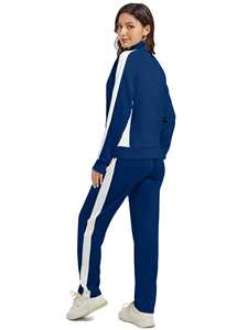 Ensemble de survêtement d'hiver pour femmes, 2 pièces, couleur unie, bleu marine avec bande latérale blanche, sweat-shirt et pantalon, vêtements de sport décontractés - Product Image 5