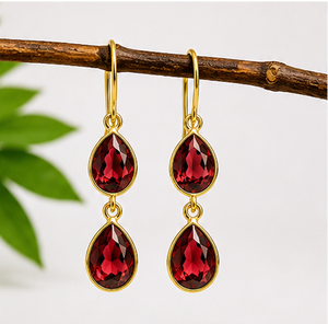Red Garnet Pear Drop <b>Earrings</b>, 925 Sterling <b>Silver</b> Gold Plated <b>Earrings</b>, Dangle Gemstone <b>Earrings</b>, January Birthstone Gift for W - Product Image 1