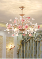MEEROSEE Français Rose Lustre Moderne Européenne En Céramique Fleur Lustre En Cristal Luxueux Fleur Cristal Lumière MD98053
