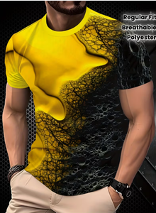 T-shirt à manches courtes pour homme, motif abstrait jaune et noir, coupe classique, respirant, en polyester tricoté, décontracté, col rond - Product Image 3