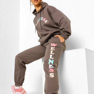 Women's Gray Hooded Tracksuit <b>Set</b> With Colorful Wellness Print Full Length Casual Loose Fit Cotton Joggers And Sweatshirt - Product Image 5