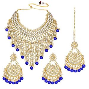 Conjunto de Collar y Pendientes de Aleación Chapada en Oro Antiguo con Cuentas Azules y Circones, Joyería Étnica para Bodas para Mujer - Product Image 1