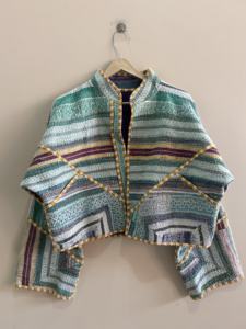 Chaqueta india tradicional bohemia hecha a mano con costuras Kantha, abrigo reversible - Product Image 2