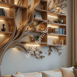 Modern Wall Mounted <b>Tree</b> Shaped Wood Bookshelf Luxury <b>LED</b> Backlit Decorative Living Room Display - Product Image 3