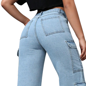 Jean cargo en denim bleu clair pour femme, taille haute, coupe ample, jambe large, multi-poches, style décontracté streetwear, respirant et séchage rapide pour l'automne - Product Image 4