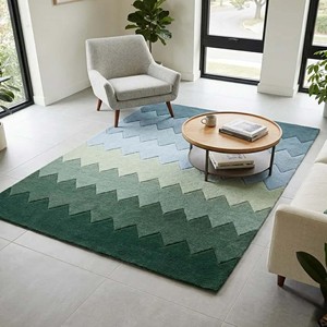 Tapis géométrique moderne à dégradé bleu-vert, motif zigzag, tapis moelleux tufté, décoration de sol contemporaine pour salon et chambre - Product Image 1