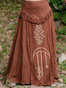 Jupe longue bohème à nouer, taille haute, imprimé géométrique, détails à pampilles, en lin et coton, longueur ras du sol, pour femme, toutes saisons - Product Image 2