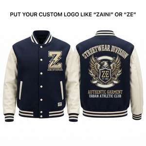 Premium 420 GSM Cotton Polyester Fleece <b>Men</b> Varsity <b>Jacket</b> Navy Body <b>White</b> Sleeves Rib Trim Custom Embroidery Logo - Product Image 1