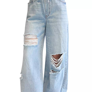 Pantalon en jean taille haute à jambe large, déchiré et délavé, coupe ample, longueur intégrale, en coton, avec cordon de serrage, style décontracté - Product Image 5