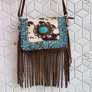 Élégant véritable peau de vache frange sac à main Turquoise pierre multi-usage fronde gitane Boho Vintage Design nouveau gland fait à la main bouton lettre - Product Image 1