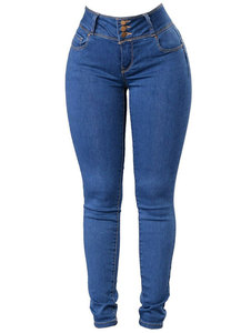 Jeans de Cintura Alta para Mujer, Talla Grande, Corte Ajustado, Lavado Medio, Algodón y Elastano, Cintura Elástica, Estilo Casual, Azul Sólido - Product Image 4