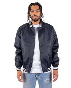 Veste de baseball bleue pour homme, veste bomber en satin, boutons pression, col et poignets côtelés, bordure rayée, streetwear - Product Image 3