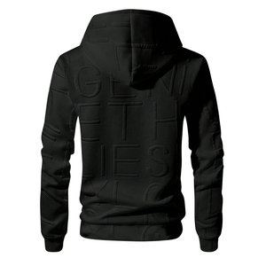 Sudadera con Capucha Negra Texturizada para Hombre, con Letras en Relieve, Capucha con Cordón, Bolsillo Tipo Canguro, Manga Larga, Estilo Urbano - Product Image 2