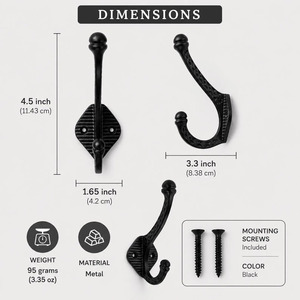 SHUBHAM <b>Black</b> Metal Wall <b>Hook</b> Double Coat Rack Vintage Drill Mounted Clothing Hanger for Entryway Bedroom - Product Image 2