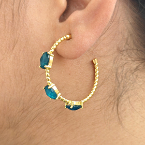 Best selling jewelry oval cut blue apatite jade twisted rope hoop <b>earrings</b> brass 18k gold plated prong set triple gemstone hoops - Product Image 2