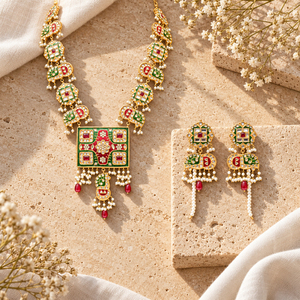 <b>Gold</b> Plated Red Green Meenakari Kundan Style Necklace and Earrings <b>Set</b> with Faux Pearls Bridal Jewelry Wholesale Bulk Supply - Product Image 2