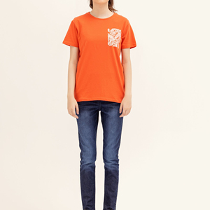 T-shirt à manches courtes pour femme, col rond, orange, avec impression de logo blanc, décontracté, printemps-été, 100% coton, coupe classique - Product Image 4