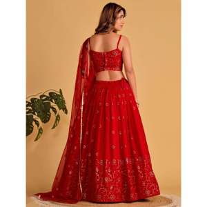 <b>Red</b> Embroidered Georgette Engagement <b>Lehenga</b> Choli for <b>Wedding</b> Apparel - Product Image 2