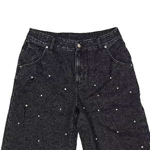 Shorts en jean amples pour hommes, respirants, style streetwear, entièrement ornés de strass, effet vieilli, tissu personnalisable, faible MOQ disponible - Product Image 6