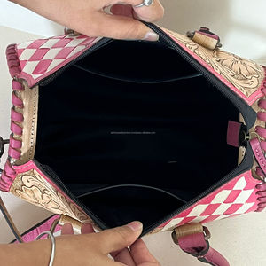 Handmade 2026 New Pink & White Checkered Tooled Cow Leather Speedy Bag Medium 11" Western Cowgirl Handbag Crossbody Duffel Bag - Product Image 6