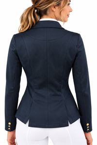 Chaqueta de equitación azul marino para mujer, abrigo para competición ecuestre con botones dorados, corte entallado y estilo de doma elegante - Product Image 3