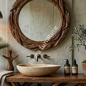 Meuble-lavabo de salle de bain de luxe en bois massif rustique fait main avec bord naturel, base artistique en forme de branche, console naturelle - Product Image 3