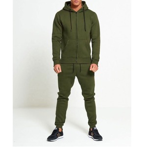 Men's Olive Green Hooded <b>Tracksuit</b> Set Full Length Drawstring Pants Solid Color Casual Autumn Wear Breathable Cotton Material - Product Image 4