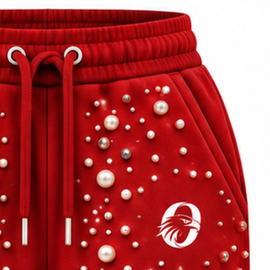 Red Pearl Beaded Jogger Pants Women Fashion Embellished <b>Drawstring</b> Sweatpants Luxury Casual Streetwear Fleece <b>Trousers</b> - Product Image 6