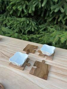 Wood Puzzle <b>Coaster</b> Set With White <b>Ceramic</b> Bowls Irregular Shape Modern Design Non-Slip Mats For Table Decoration - Product Image 5