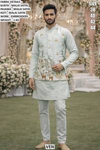 Traje Kurta Tradicional para Hombre, Estilo Bandhani Heritage Peacock Malai Satin, de Secado Rápido, Corte Regular, Largo hasta el Suelo, para Bodas y Fiestas - Product Image 5