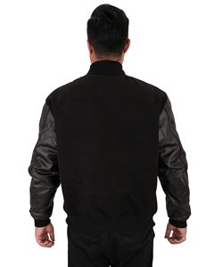 Men's <b>Black</b> Baseball <b>Jacket</b> PU Leather Sleeve Casual Button Closure Regular Fit Lettermen <b>Jackets</b> - Product Image 2