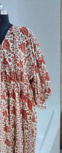Ethnic <b>Brown</b> Floral Hand Print Cotton Midi Dress With <b>Tie</b> Neck Short Puff Sleeve Loose Fit Casual Dress For Women - Product Image 3
