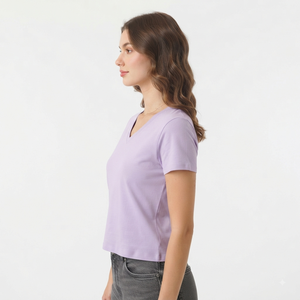 T-shirt à col en V pour femme Hawk Eye, manches courtes, couleur unie, décontracté, respirant, 100% coton, haut pour le printemps et l'été - Product Image 4